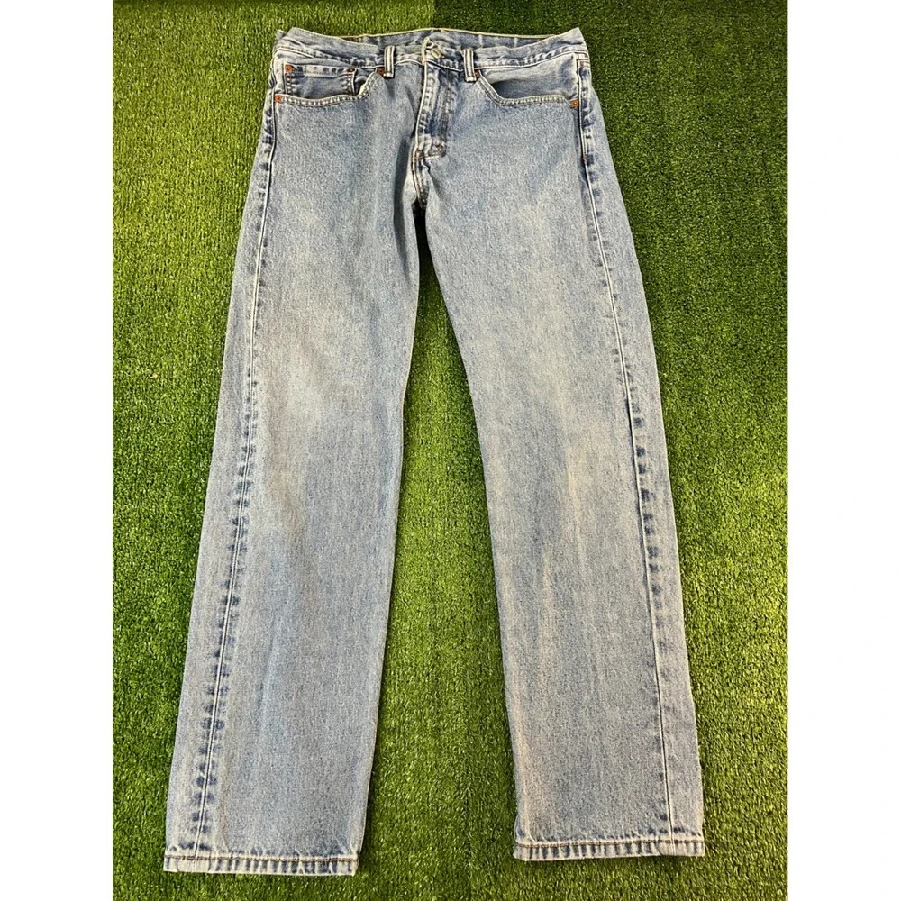 Levis 505 Regular Fit Straight Leg Jeans Mens 34x32 Light Wash Blue Denim
